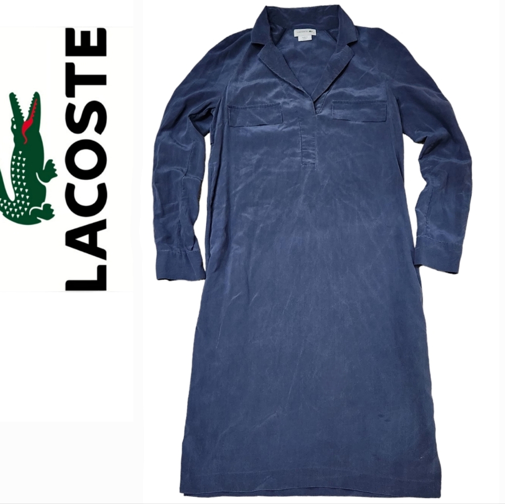 Lacoste Navy Blue 100% Silk Utility Shirt Pockets Dress Size 34
